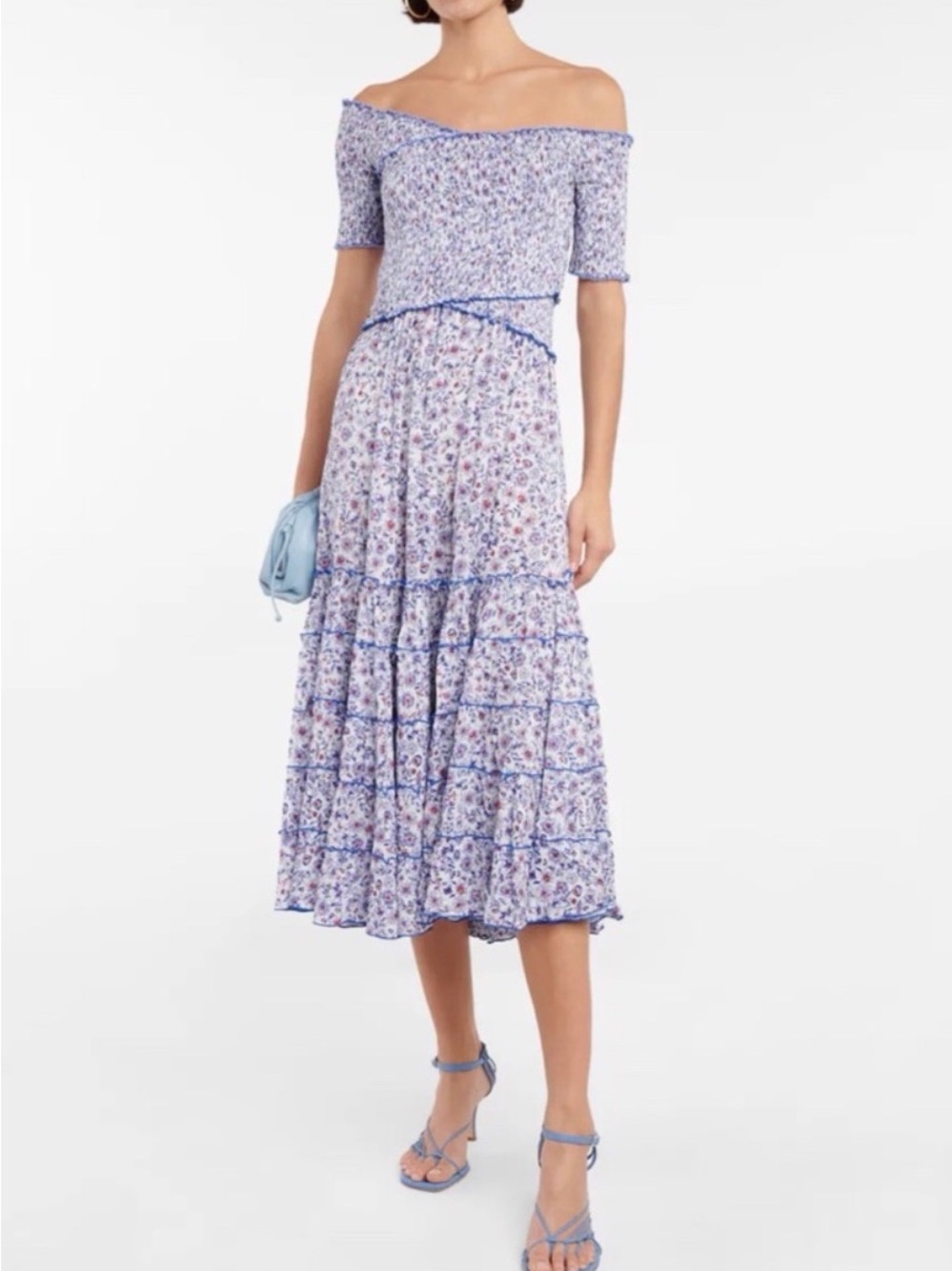 Poupette St. Barth Blue Floral Off-Shoulder Midi Dress